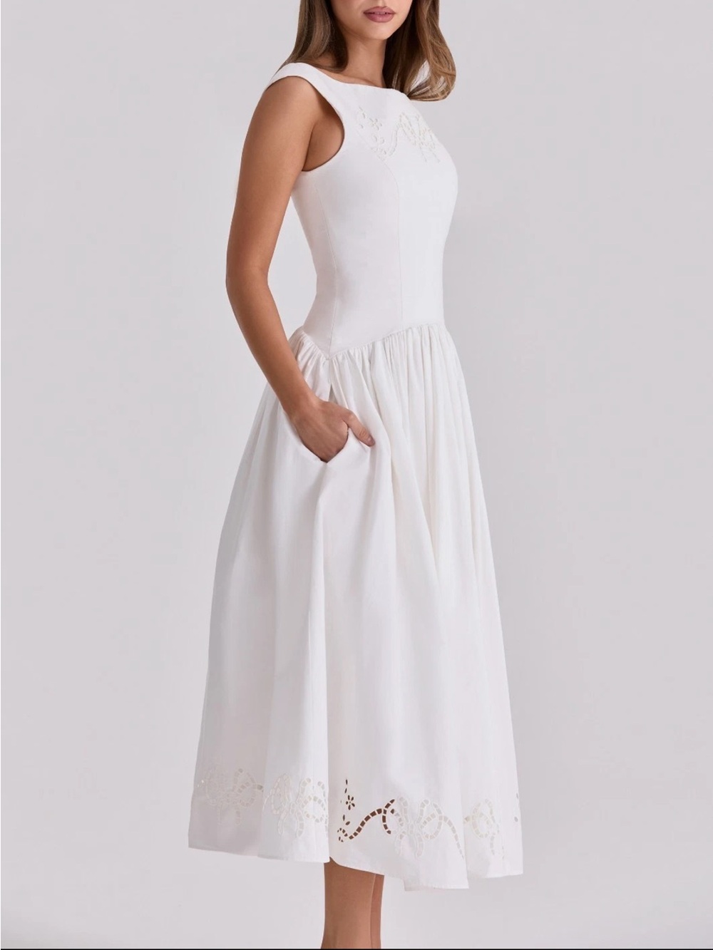 House of CB Lauren white cotton broderie anglaise boat neck Dress